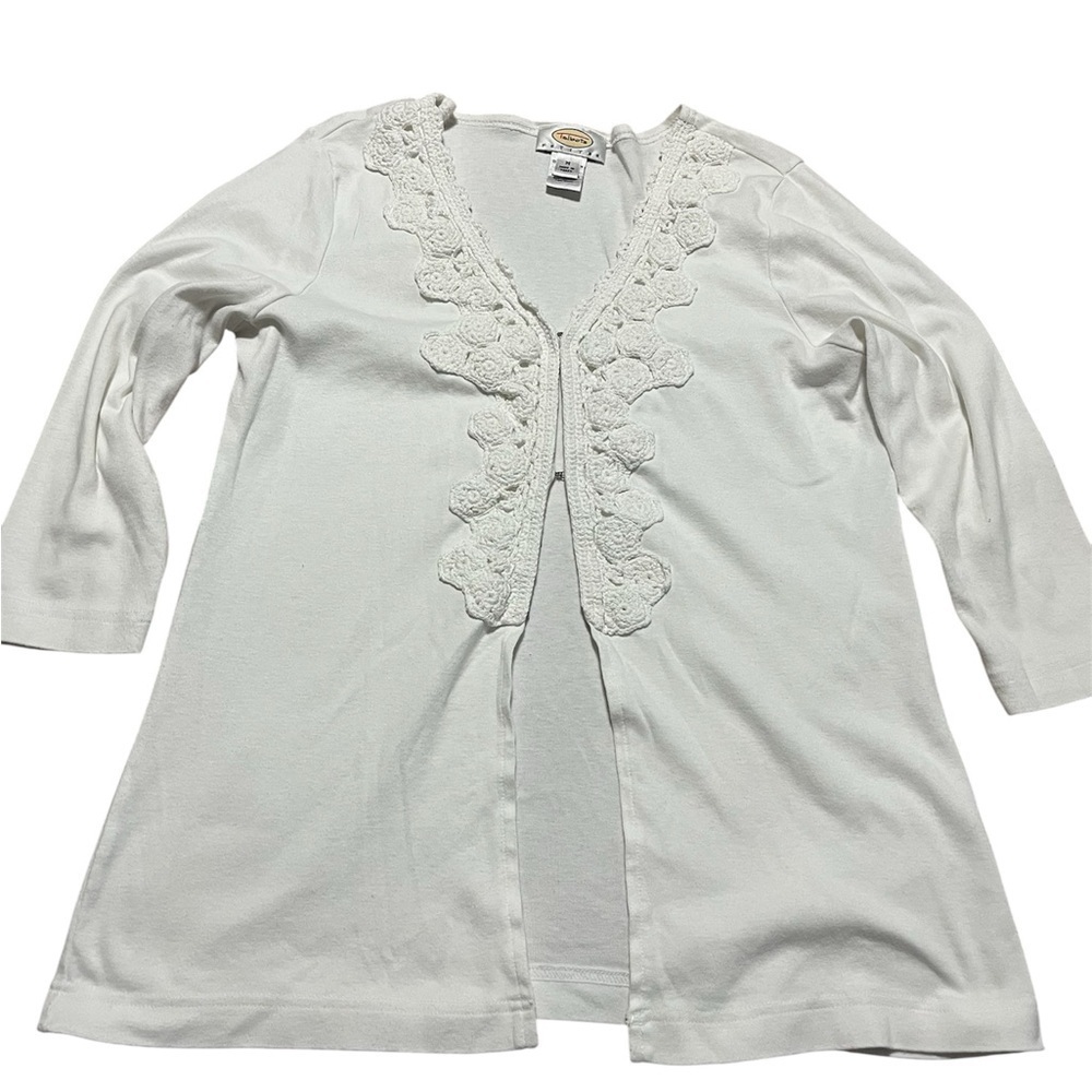 Talbots Ivory Lace-Trim Cardigan Size Medium Detailed Hook Closure Feminine